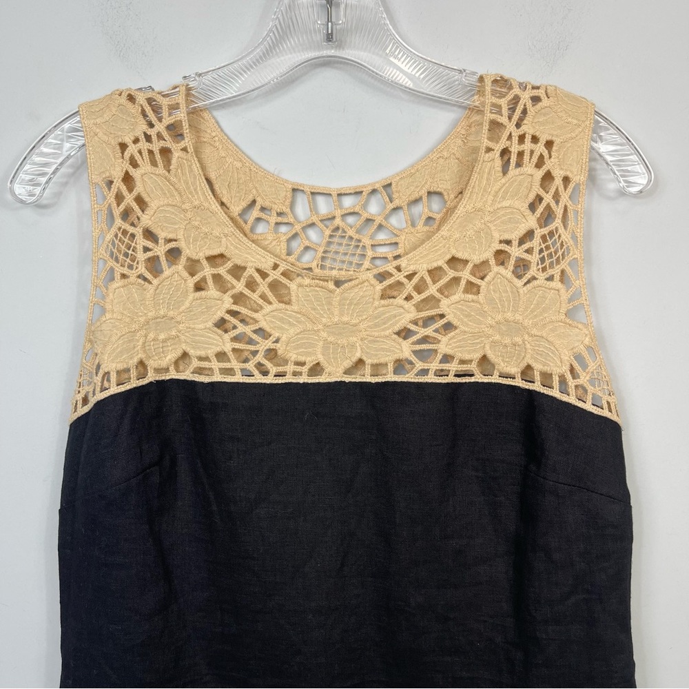 NWT LOFT Black Linen Shift Mini Dress Beige Crochet Lace Floral Neck Color Block - Picture 5 of 13
